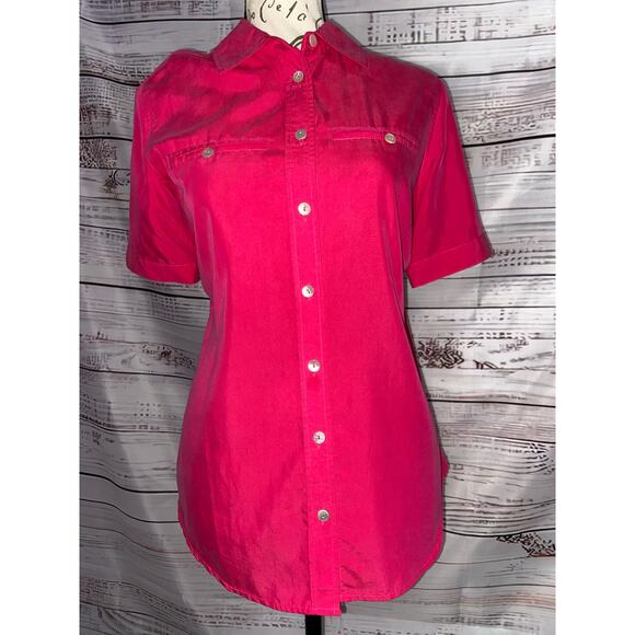 Chicos 0 Button Front Shirt Women S Short Sleeve Collar Chest Pocket Pink Modal - Picture 1 of 11